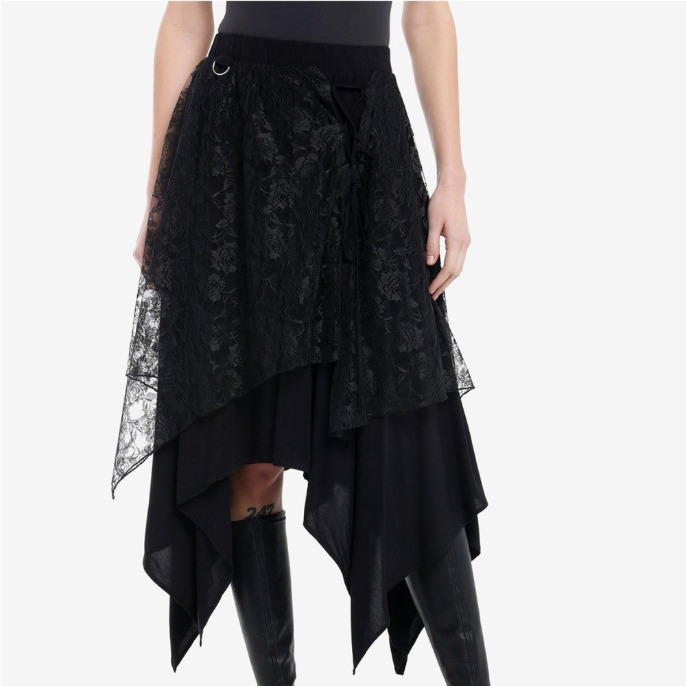 Cosmic Aura Black Rose Lace Hanky Hem Midi Skirt Hot Topic
